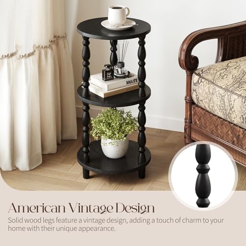 Yoobure Small Round Side Table - 3-Tier End Table with Storage Shelf, Narrow Bedside Table Nightstand for Bedroom, Accent End Tables Living Room, Wood Side Tables for Small Spaces, Office, Black