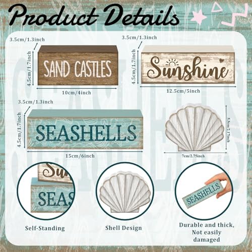 Yuntau 4 Pcs Summer Decorations for Home Beach Block Sign Seashell Display