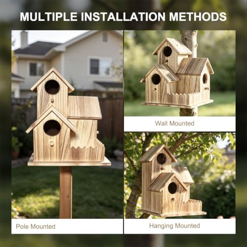 Large Wooden Bird House for Outside, 3-Hole Birdhouse, Outdoor Bird Nesting Box for Bluebird Chickadee Finch Wren, Perfect for Garden Courtyard Decoration