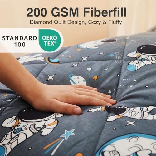 JSD 3 Piece Grey Astronaut Space Theme Kids Comforter Set Queen Size