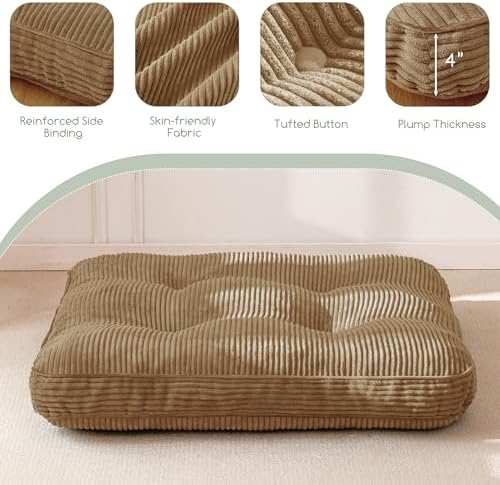 HIGOGOGO 35" Floor Pillow Cushion for Adults, Meditation Cushion Pillow, Extra Large Square Floor Sitting, Tufted Corduroy Cover for Tatami Living Room or Yoga, Coffee