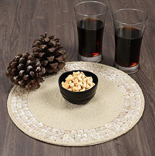 ALPHA Living HOME Beaded Placemats 13 Inch Round, Ivory Pack of 2