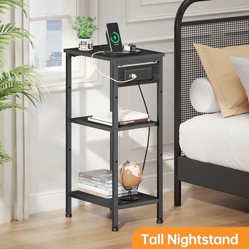 Asgolion Tall End Table with Charging Station, Narrow Tall Side Table