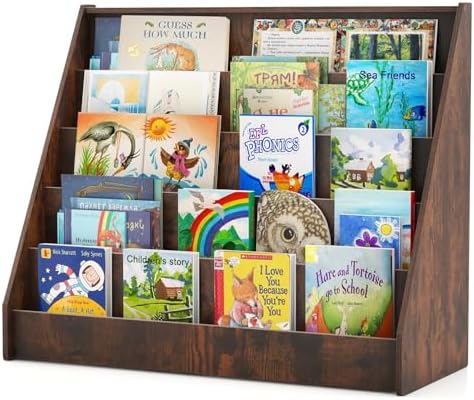 Costzon 5-Tier Kids Bookshelf, Wooden Children Bookcase, Toddler Book Rack, Magazine Storage & Display Shelf, Book Shelf for Kids Room, Living Room, Nursery, Classroom (Brown)