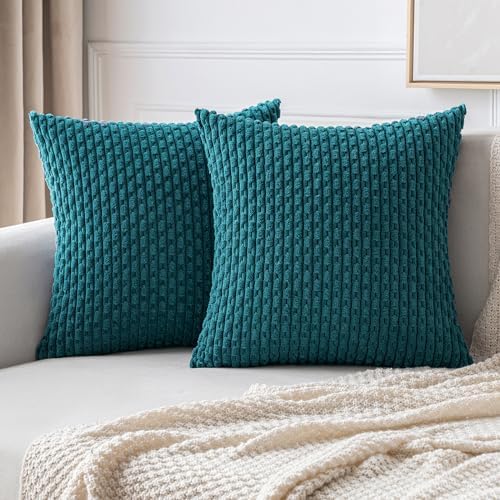 MIULEE Decorative Throw Pillow Covers 20x20 Teal Blue Textured Corduroy