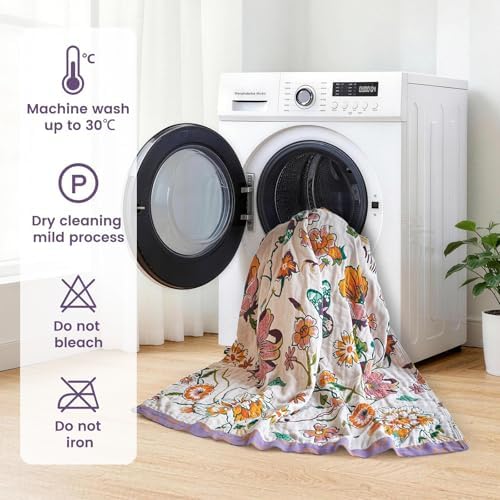 MSGKV Boho Throw Blanket 90"x90" Fall Cotton Floral Queen Size Blanket