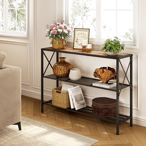 Hoctieon Industrial Console Table, 3 Tier Entryway Table, Hallway Table, Narrow Sofa Table with Shelves, Entrance Table for Entryway, Living Room, Foyer, Office, Rustic Brown&Black