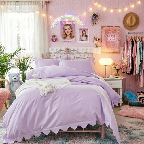 Brandream Organic Cotton Duvet Cover Set Twin/Twin XL Scalloped Edge Purple Girls Bedding Size Soft Breathable Luxury Bed Set Grandmillennial Cottagecore Coquette Hotel Style Bedroom, Zipper Closure