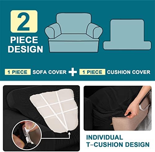 Turquoize T Cushion Chair Slipcover Armchair Slipcover for Living Room Stretch Sofa Couch Cover Soft Armchair Cover Washable Furniture Covers with Individual T Cushion Seat Covers (Chair, Black)