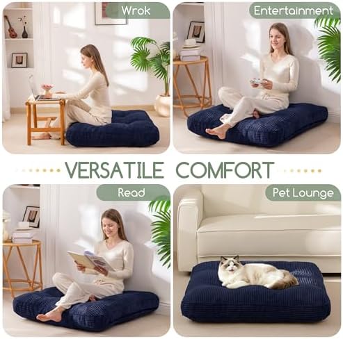 HIGOGOGO 35" Floor Pillow Cushion for Adults, Meditation Cushion Pillow, Extra Large Square Floor Sitting, Tufted Corduroy Cover for Tatami Living Room or Yoga, Navy
