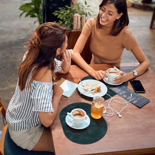 ADRIMER Oval Placemats Set of 4, Wipeable Faux Leather, Dark Blue