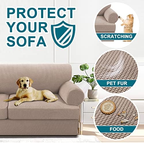 Turquoize 4 Piece T Cushion Sofa Slipcovers Stretch Couch Cover Furniture Covers with 3 Individual T Cushion Covers, Machine Washable (3 Cushion Sofa, Sand)
