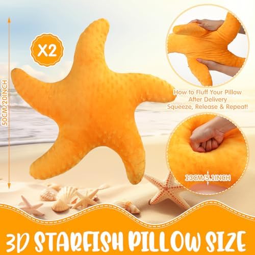 Fumete Starfish Pillow Beach Starfish Shaped Throw Pillows 20'' Stuffed Animal Cute Plush Coastal Decor Ocean Star Pillow Plush Cushion for Kid Bedroom Living Room Sofa Couch(Orange,2 Pcs)