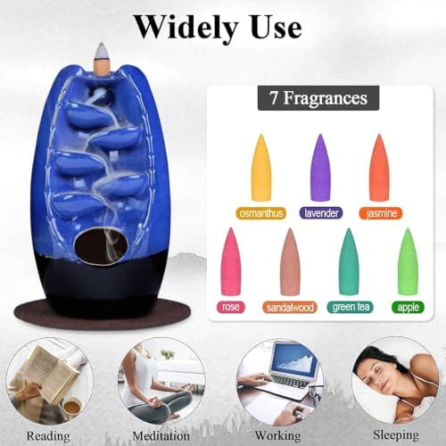 SPACEKEEPER Ceramic Backflow Incense Holder Waterfall Incense Burner, Navy
