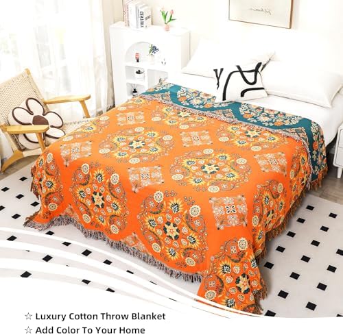 VANJOROY 100% Cotton Throw Blanket, Muslin Breathable Soft Bed Quilt Orange Throw - Bohemian Floral Farmhouse Decor Blanket for Sofa Couch Chair and Gift. 50" x 60"