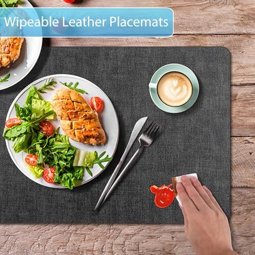 Faux Leather Placemats Set of 8, Wipeable Table Mats, Dark Grey