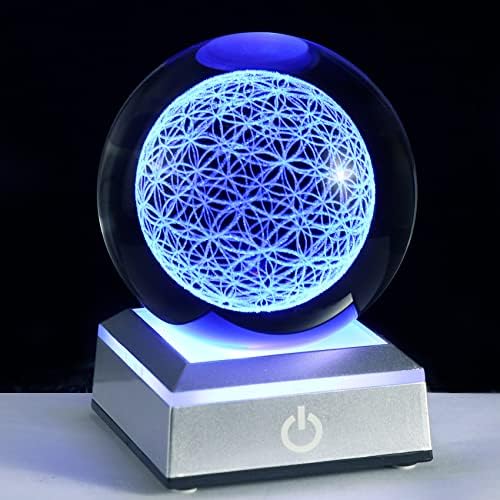 Flower of Life Crystal Sphere with Led Colorful Lighting Touch Base, Sacred Geometry Crystal Ball Starlight Magic, Feng Shui Decor Laser Engraved Seek of Flower Inside A Sphere