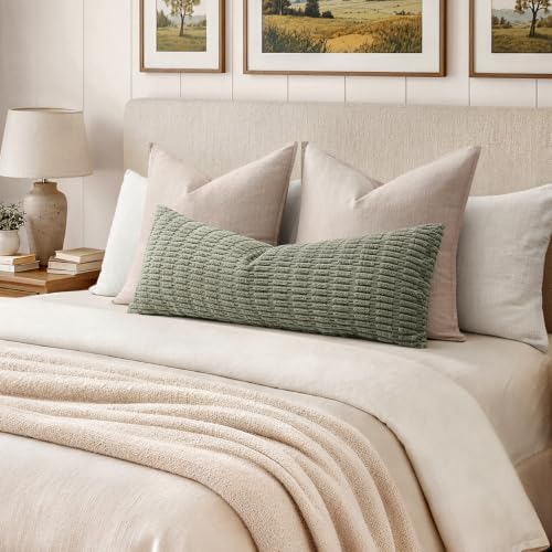MIULEE Lumbar Corduroy Throw Pillow Cover for Bed 14x36 Light Olive Green