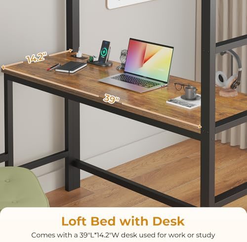 ADORNEVE Twin Size Loft Bed with Desk and 8 Storage Drawers, Rustic Brown