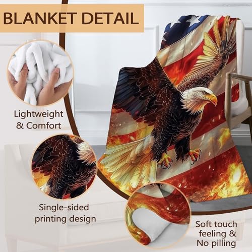 Bald Eagle Sofa Throw Blankets,American Flag Soft Cozy Fuzzy Lightweight Travel Blanket,Flannel Fleece Fall Throw Blanket for Couch,Bed,Camping,Movie Nights,Watching TV 60 X 80 Inch