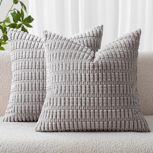 MIULEE Corduroy Decorative Throw Pillow Covers 20x20 Light Grey Pack of 2