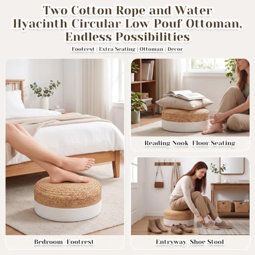 Briwooody 2 Pcs Handmade Round Cotton Knit/Water Hyacinth Low Pouf Ottoman