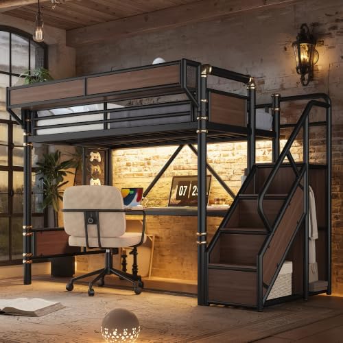 Twin XL Size Metal Loft Bed Frame with Staircase & Built-in Desk & Wardrobe, Loft Bed with Pegboard & Mesh Storage Baskets & Slats, No Box Spring Required, Easy Assembly, for Bedroom, Black