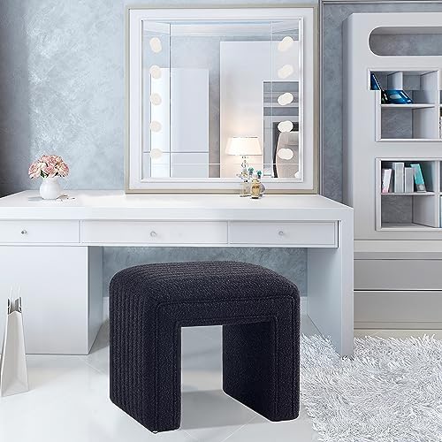 Get Set Style Vanity Stool Chair, Fully Assembled Modern Boucle Ottoman Footstool with Wooden Legs, Multifunctional Upholstered Sofa Bench Extra Seat for Makeup Room Living Room Entryway Office,Black