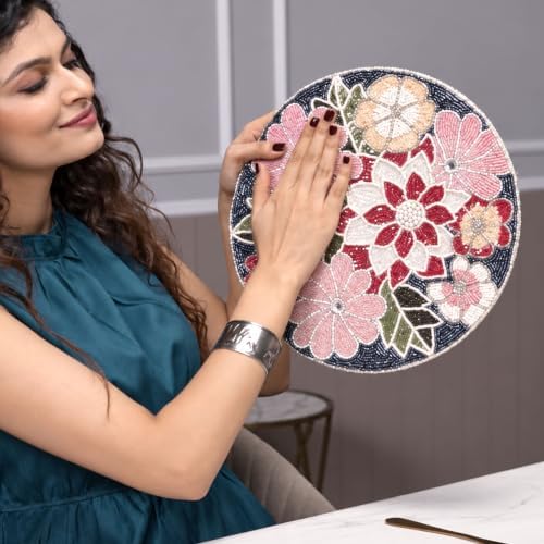 Beaded Placemats 13 Inch, Handmade Multicolor Floral Round Table Mats