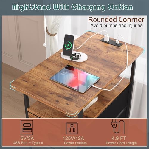 sthmec End Table with Charging Station, Narrow Side Table with 2 Drawers, Nightstands with Drawers, USB Ports & Power Oulets,Slim Sofa Side Tables for Small Spaces,Living Room,Bedroom,Rustic Brown