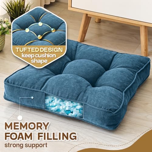 MIDDLE ONE Floor Pillow Set of 2, Memory Foam Cushion 22x22 – Square, Navy