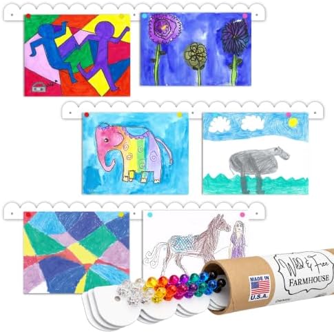 Scalloped Magnetic Art Display for Kids Artwork & Photos (Set of 3) – Kids Artwork Display for Wall – Magnetic Photo Display Strips with Push-Pin Magnets (White, 23in (3 Pack))