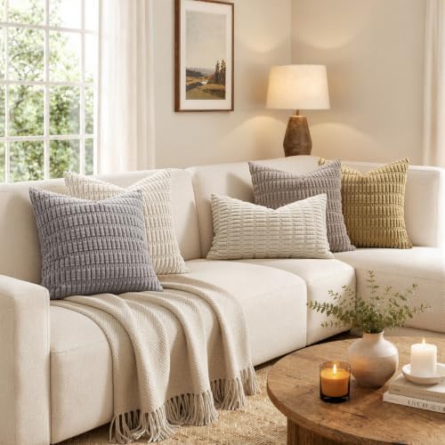 MIULEE Corduroy Decorative Throw Pillow Covers 12x12 Cream White Pack of 2
