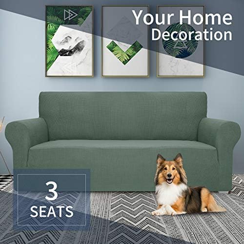 JIVINER High Stretch Couch Covers for 3 Cushion Couch 1-Piece Jacquard Elastic Sofa Slipcovers Anti Slip Sofa Cover with Elastic Bottom Furniture Protector for Kids Pets (Sofa, Pea Green)