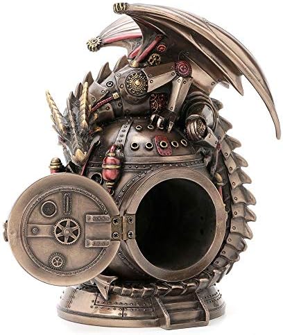 Veronese Design 7 Inch Steampunk Mechanical Dragon On The Time Machine Bank Vault Trinket Box Clock Antique Bronze Finish Statue