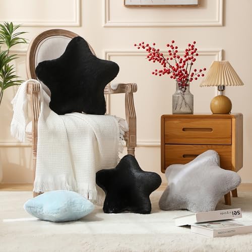 YRXRUS Star Pillows, Christmas Pillows, Black Star Shaped Pillow, Gifts, Cute Plush Throw Pillow Room Decor, Fluffy Faux Rabbit Fur 18"x18", Living Bedroom