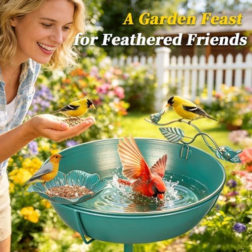 Mellbree Bird Bath for Outside 13", Metal Freestanding 13" Dia 39" H Lake Blue Gold Gilding Birdbath with Perch & Feeder Bowl, Multi-Functional for Garden Patio Yard Lawn Outdoor Decor