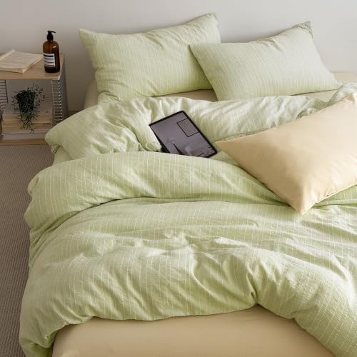 AOJIM Cottage Green Striped Duvet Cover Set King Size Textured Bedding 3Pcs