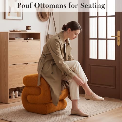 FOXHUNTER S Shape Modern Pouf Ottoman Vanity Stool, Teddy Orange