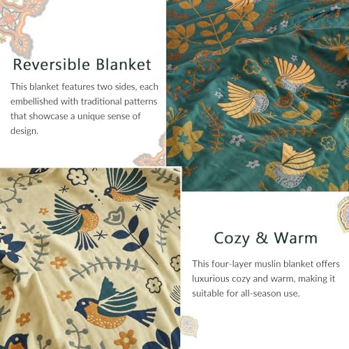 Bailix Boho Throw Blanket, 100% Cotton, Woven Bird Pattern, 50"x60"