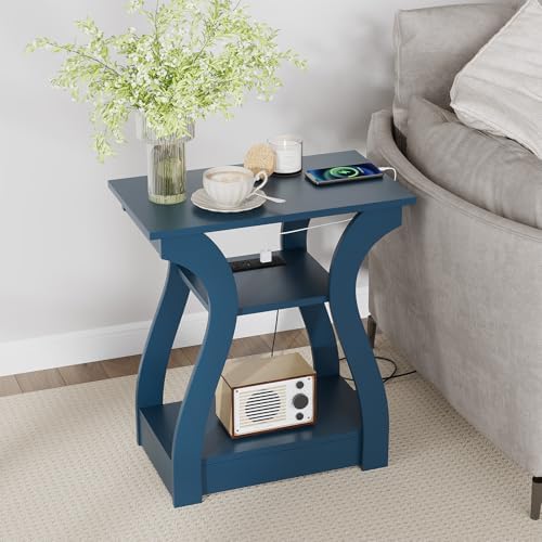 FROMJBEST End Tables Living Room, End Table with Charging Station Navy Blue