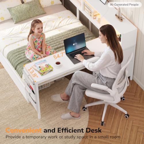 DICTAC Corner Full Bed Frame with Desk, 9 Storage Drawers and Bookcase, Full Size Platform Bed Frame with Charging Station and LED Lights, Modern Daybed for Kids/Teen with Storage, Space-Saving, White