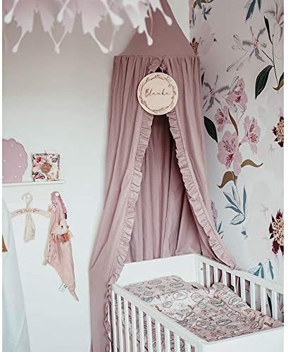 Bed Canopy with Frills Reading Nook Game Tent for Kids Boho Hanging Net Play Room Decor(Dusty Rose)