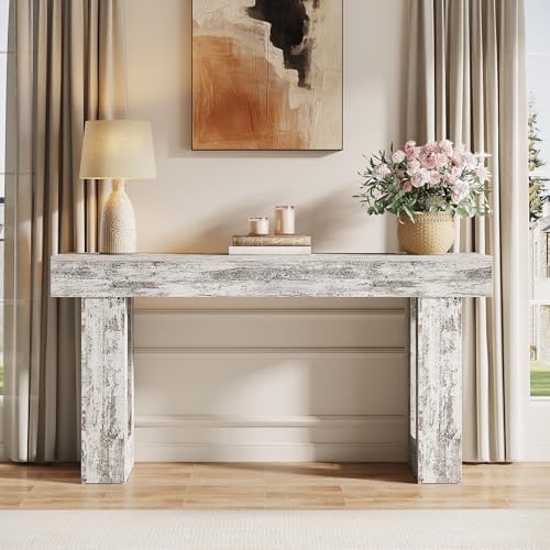 Tribesigns 63-Inch Long Console Table, Wooden Rectangular Sofa Table Behind The Couch, Farmhouse Entryway Table for Entrance, Hallway, Living Room (Distressed White)