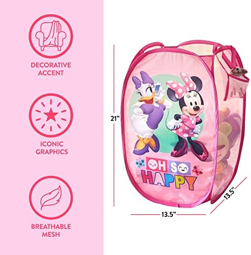Disney Minnie Mouse Pop-Up Hamper,“Oh So Happy” Design, 21”H x 13.5”W x 13.5”L, Durable & Collapsible Laundry Basket with Carry Handles for Kids Room