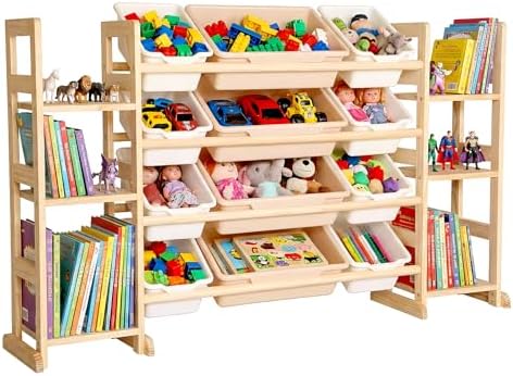 Amdermi Kids Toy Storage Organizer, 52 Inch White 6-Shelf Bookcase with 12 Bins, Cubby Toy Organizer for Toddler Playroom, Bedroom, Nursery