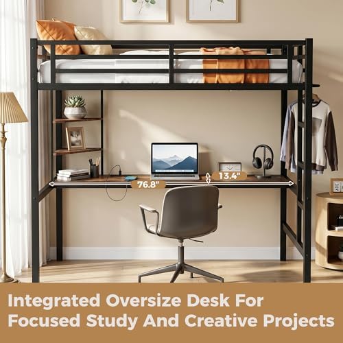 Full Size Loft Bed with Desk, USB Charging Station, LED Light and 2 Storage Shelves, Metal Heavy Duty Full Loft Bed for Adults, Teens, No Box Spring Needed, Black