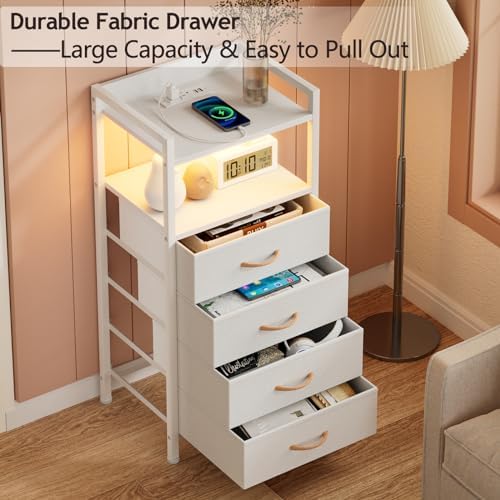 Furnulem White Nightstand with Charging Station,Small Dresser for Bedroom