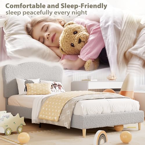 Garvee Upholstered Twin Size Bed Frame for Kids with Scallop Headboard, Cute Velvet Twin Bed for Girls, Boys, Sturdy Platform Bed, No Box Spring Needed, Wooden Slats, Noise Free, Light Grey