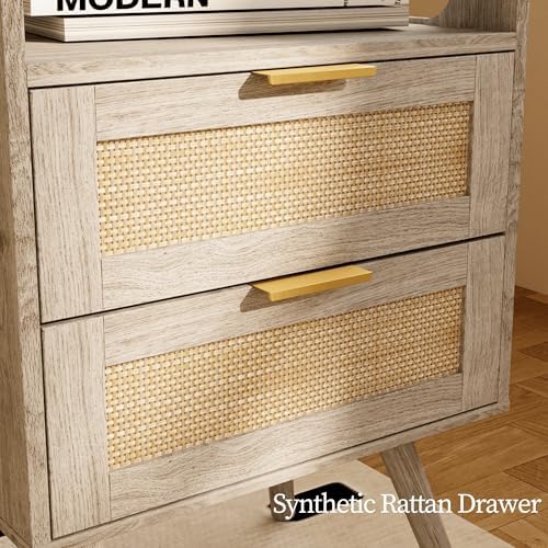 JOONEE Rattan Nightstand with Charging Station,Farmhouse Bedside Table with 2 Storage Drawer and Open Wood Shelf, for Bedroom and Small Spaces,Night Stand with Solid Wood Legs (Grey Oak-Outlet)